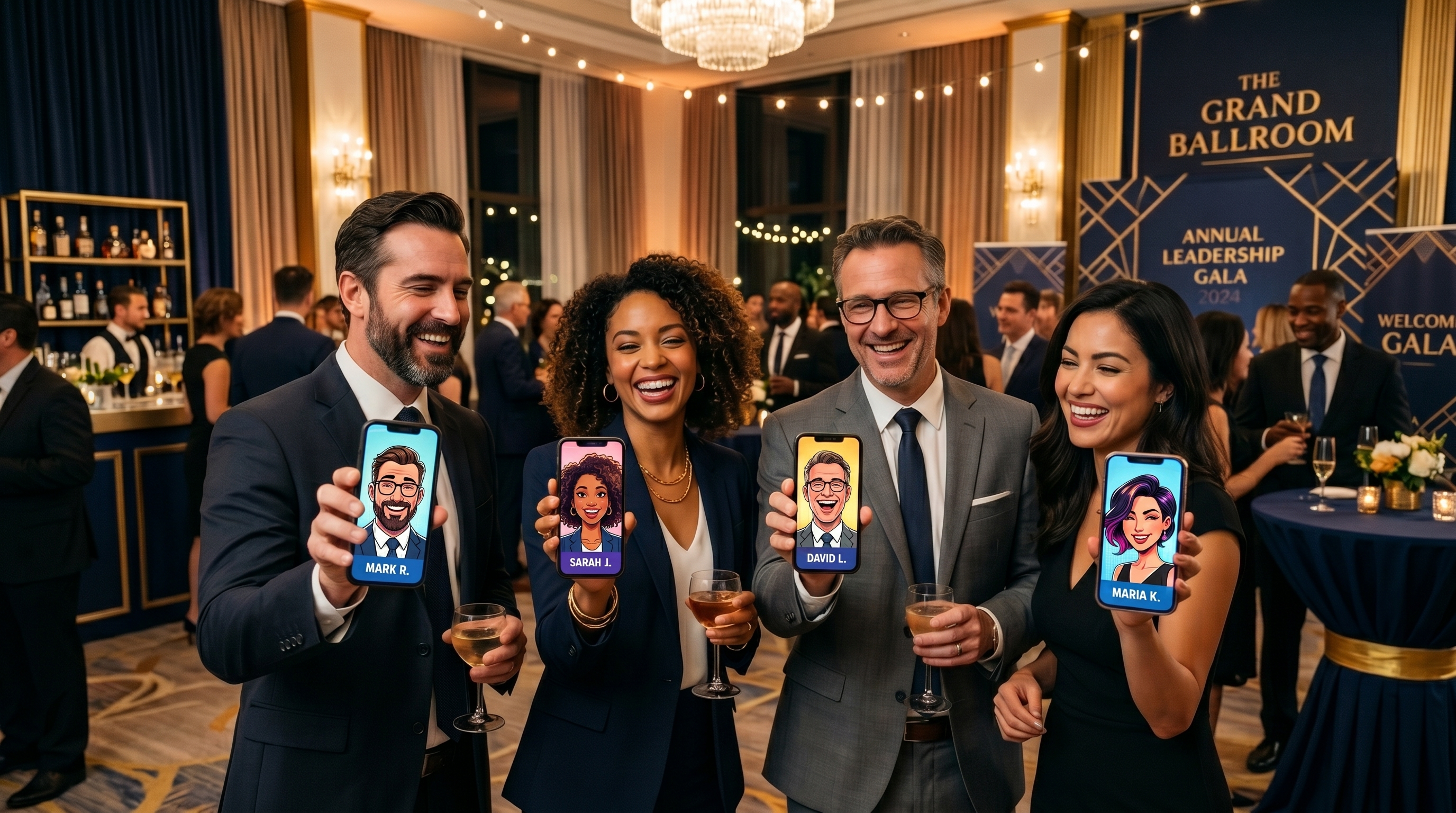 Corporate event guests holding phones showing AI-generated caricatures