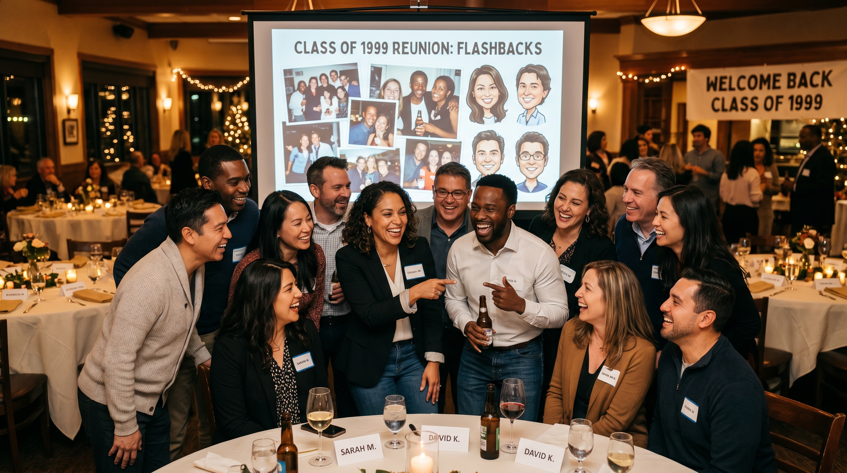 Class reunion attendees gathered around a screen showing shared photos and AI caricatures