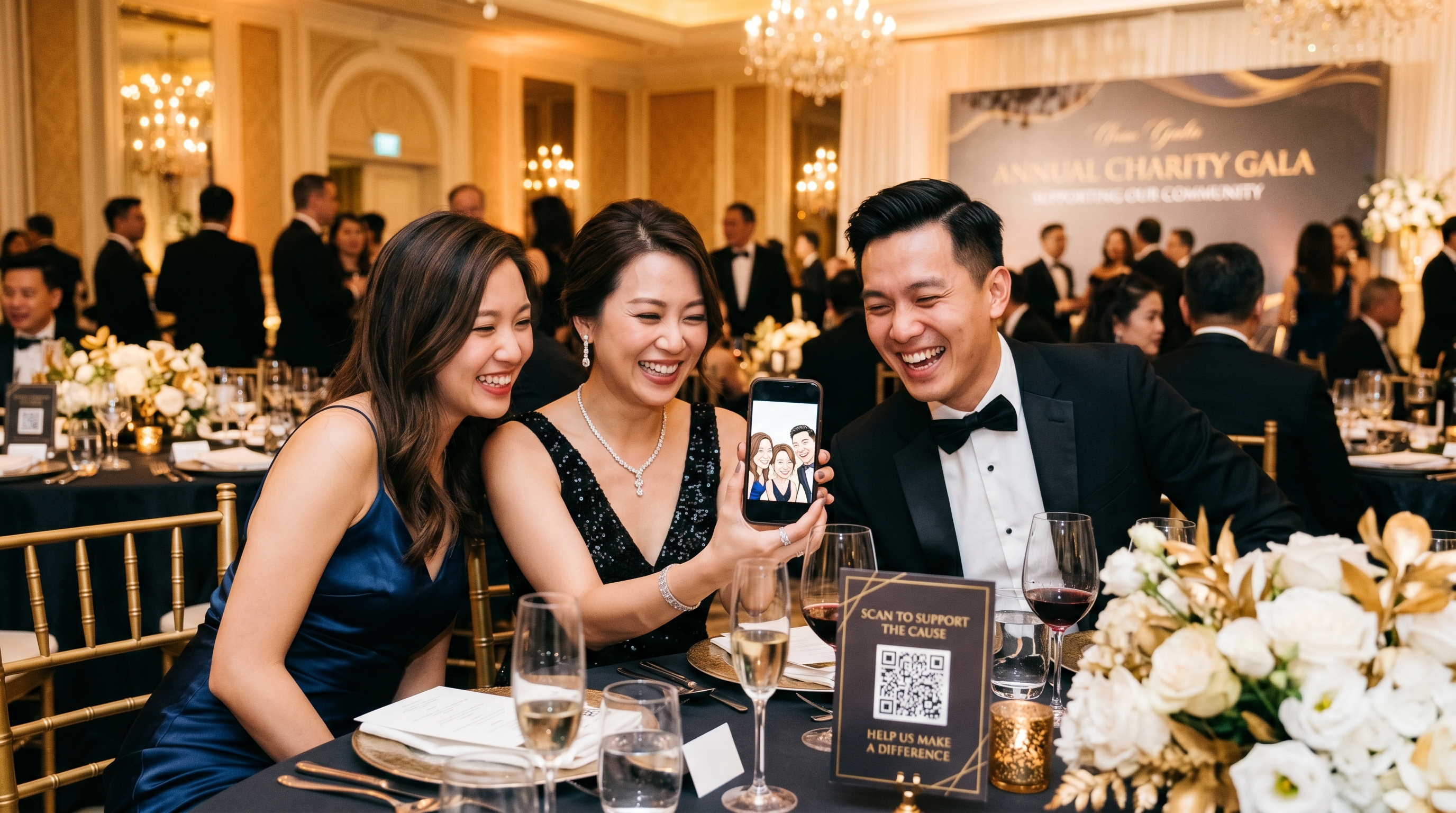 Charity gala guests engaging with AI caricature photo booth on phones