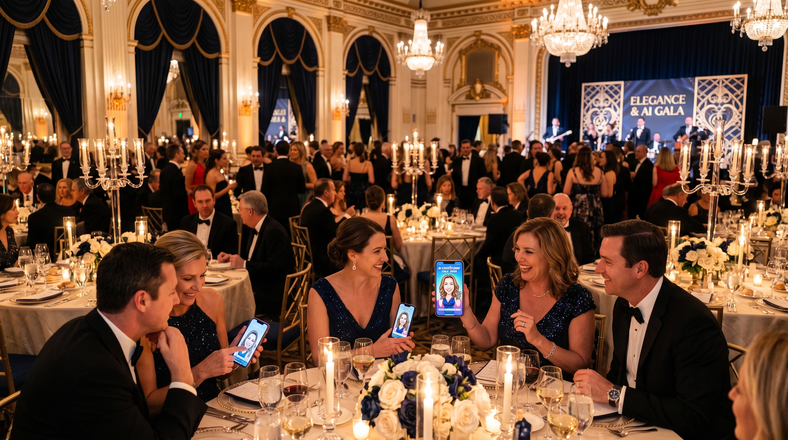 Elegant gala ballroom with guests using a virtual photo booth on their phones